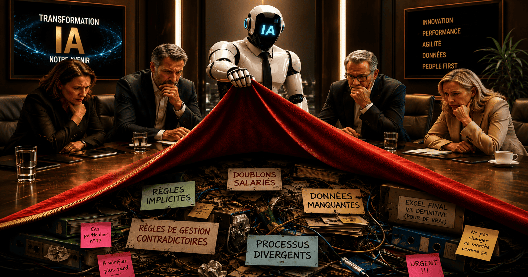 Un robot IA soulève un tapis rouge dans une salle de réunion, révélant les dysfonctionnements RH cachés : règles implicites, doublons salariés, données manquantes, processus divergents