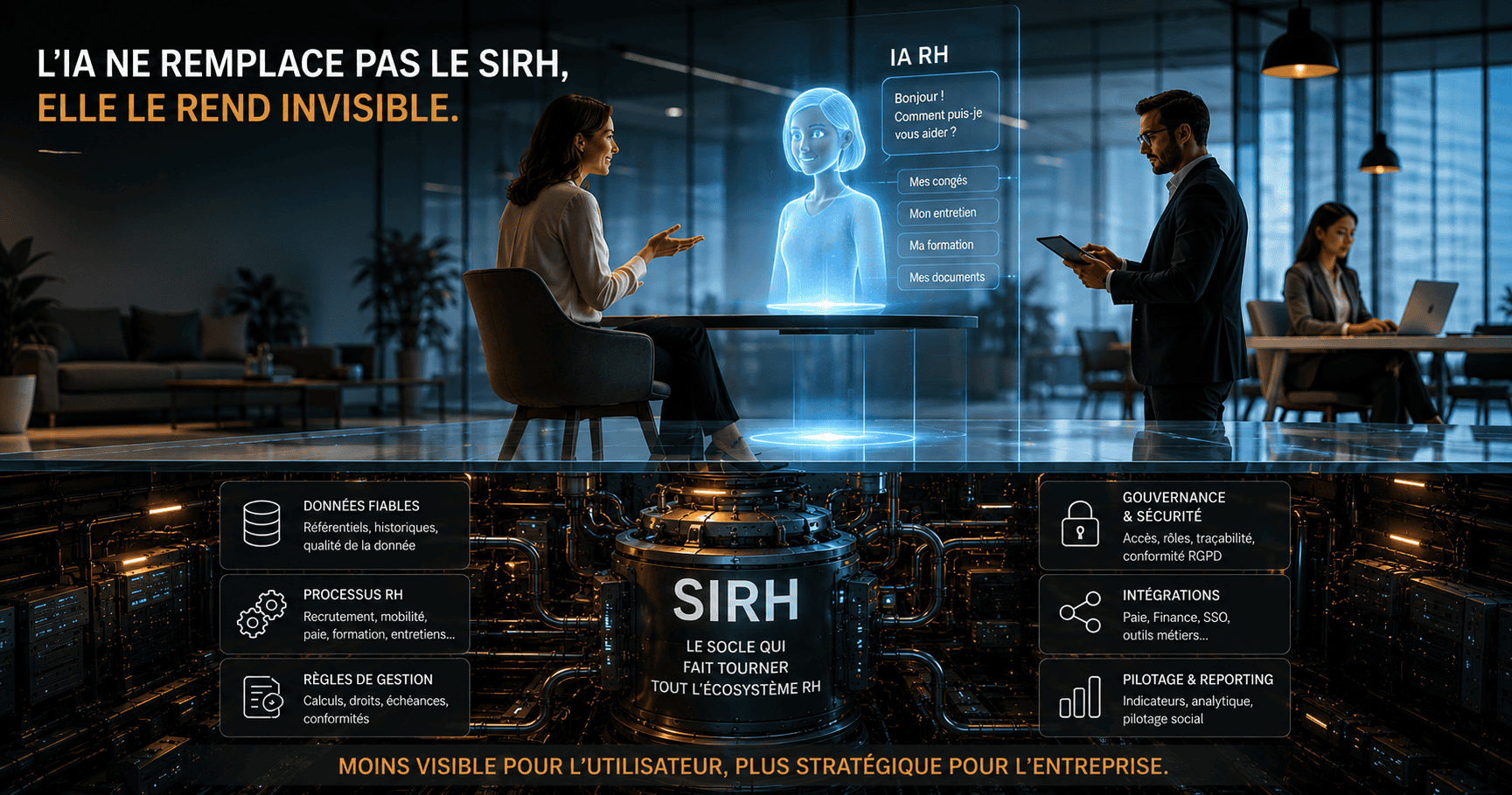 Vue en coupe : en haut, une collaboratrice échange avec un assistant RH holographique ; en dessous, le SIRH représenté comme un socle technique reliant données fiables, processus RH, règles de gestion, gouvernance et sécurité, intégrations et pilotage. L'IA ne remplace pas le SIRH, elle le rend invisible.